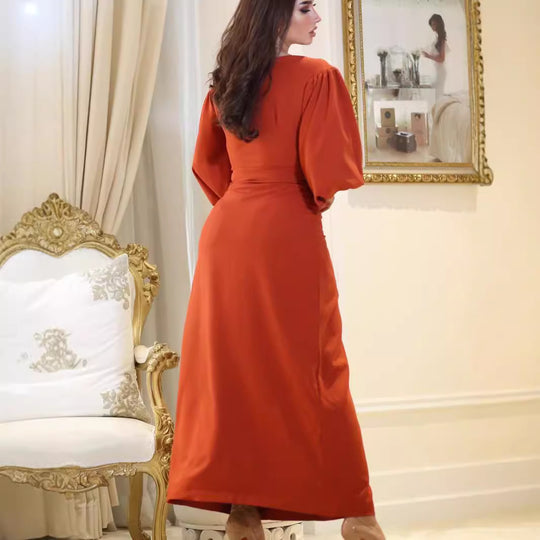 Damen Elegantes Maxikleid mit voluminösen Ärmeln und taillierter Drapierung R&B
