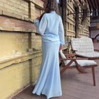 Damen Elegantes Maxi-Kleid mit transparenten Ärmeln und Hochgeschlossenem Design R&B