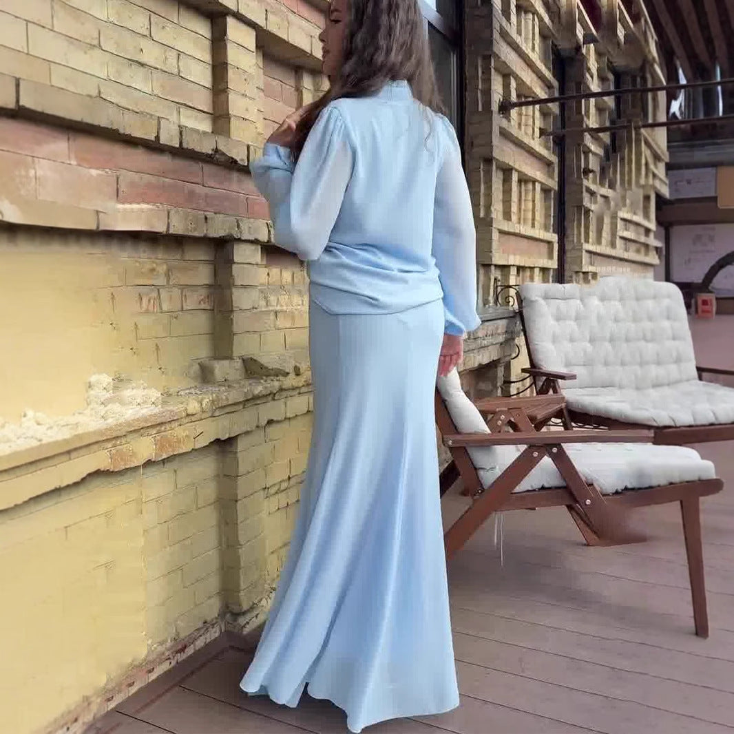 Damen Elegantes Maxi-Kleid mit transparenten Ärmeln und Hochgeschlossenem Design R&B