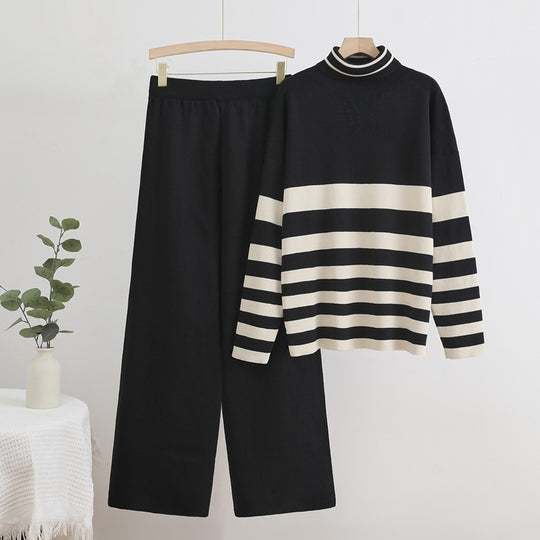 Damen Komfortables Strick-Loungewear-Set mit hohem Kragen und breiten Streifen R&B