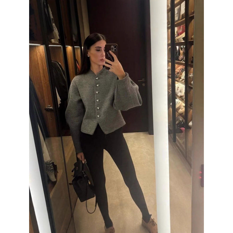 Damen zeitlose Strickjacke mit eleganten Knöpfen und voluminösen Ärmeln R&B
