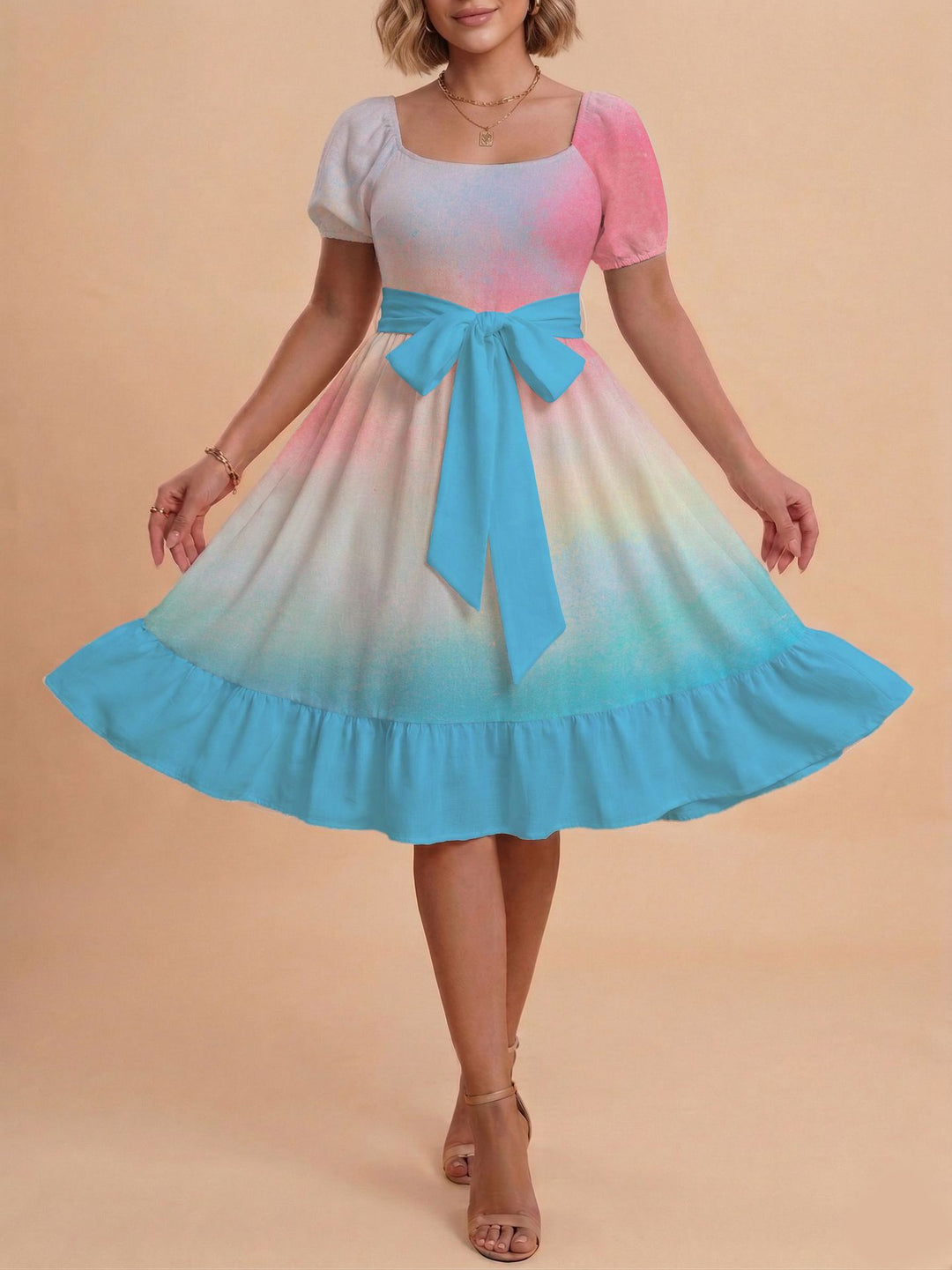 Damen Retro Maxikleid mit Puffärmeln und Taillengürtel R&B