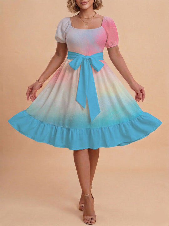 Damen Retro Maxikleid mit Puffärmeln und Taillengürtel R&B