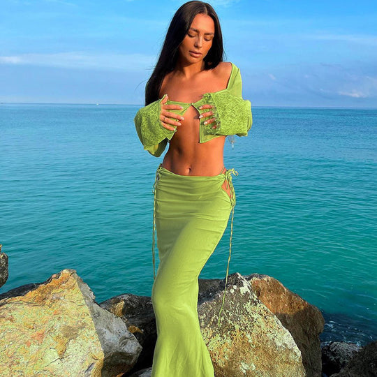 Damen Transparentes Set mit Crop-Top und Maxirock R&B