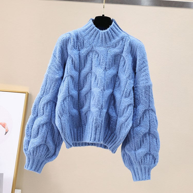 Damen kuscheliger Strickpullover mit voluminösen Ärmeln und Zopfmuster R&B