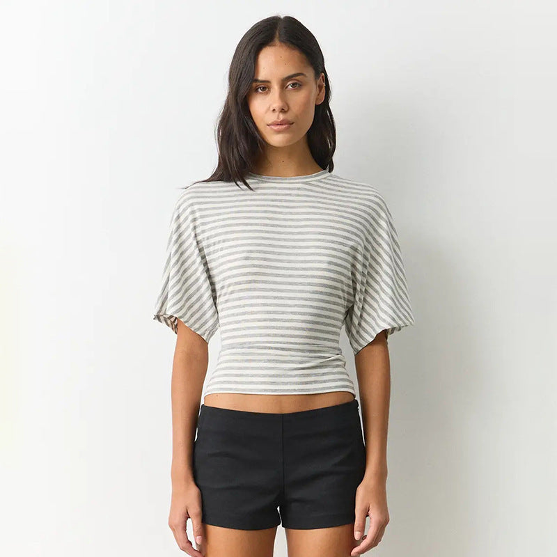 Damen modernes Kurzarm-Top mit lässigem Streifenmuster und elegantem Schnitt R&B