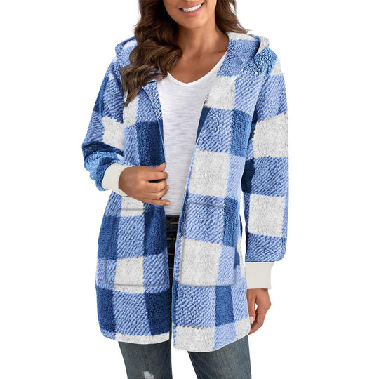 Damen Fleecejacke mit Karomuster und Kapuze R&B