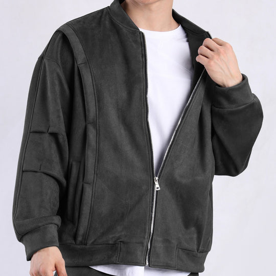 Damen stylische Oversize-Jacke aus weichem Kunstleder mit praktischen Taschen und durchgehendem Reißverschluss R&B