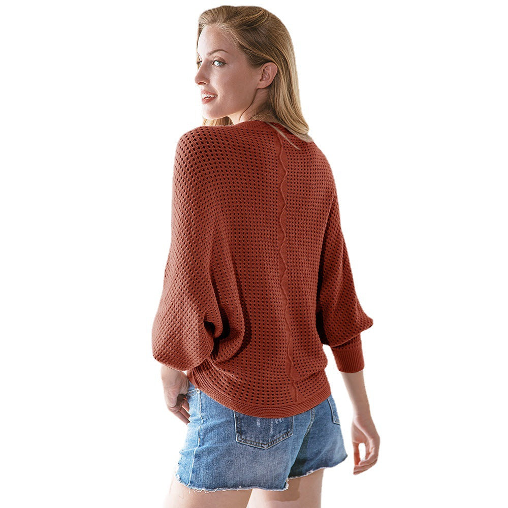 Damen luftiger Strickpullover mit V-Ausschnitt und strukturiertem Design R&B