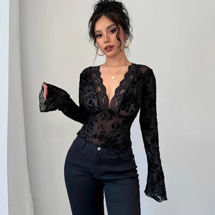 Damen Elegantes Spitzenoberteil mit tiefem V-Ausschnitt und Rüschendetails R&B