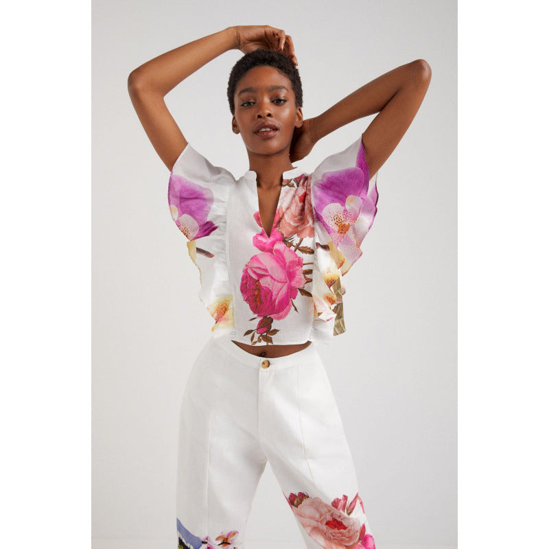 Damen Blusen- und Hosen-Set mit floralem Design und zarten Rüschendetails R&B