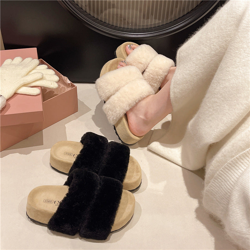 Damen Flauschige Slide-Pantoletten mit breiten Riemen und komfortablem Fußbett EB