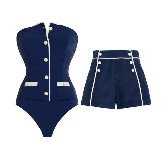 Damen Sportlicher Schwimmanzug mit Langarm und Knopfdetails R&B