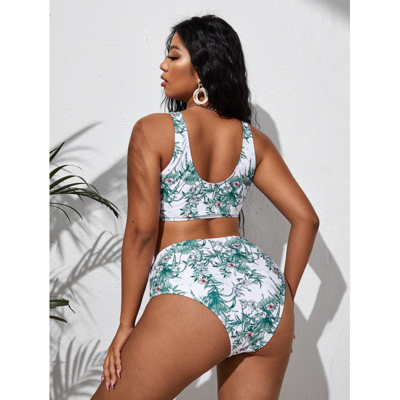 Damen Hochgeschnittener Bikini mit modischem Wickeloberteil und floralem Muster R&B