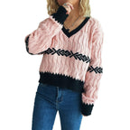 Damen lässiger Strickpullover mit modernem Zopfmuster und kontrastierenden Akzenten R&B
