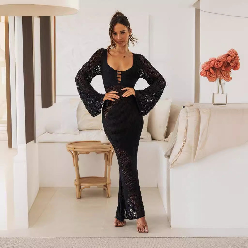 Damen langes Häkelkleid mit V-Ausschnitt und dekorativen Cut-Outs R&B