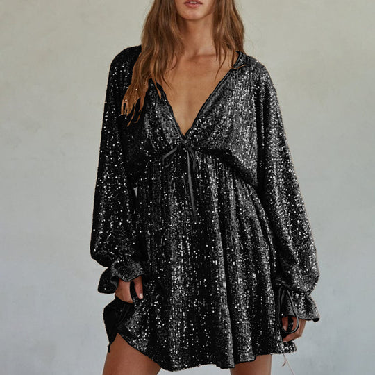 Damen Funkelndes Festkleid mit V-Ausschnitt und Rüschendetails R&B