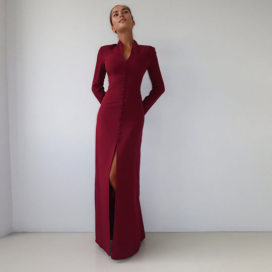 Damen Elegantes Maxikleid mit tailliertem Schnitt und Knopfleiste R&B