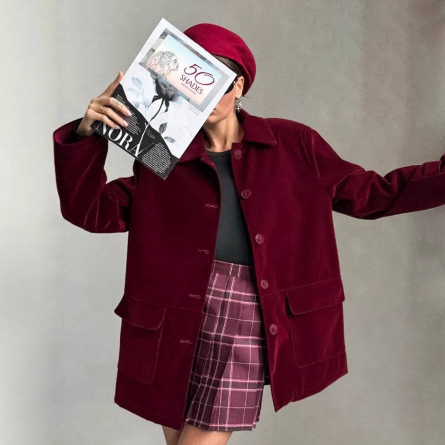 Damen Veloursjacke im modernen Oversized-Stil mit praktischen Taschen R&B