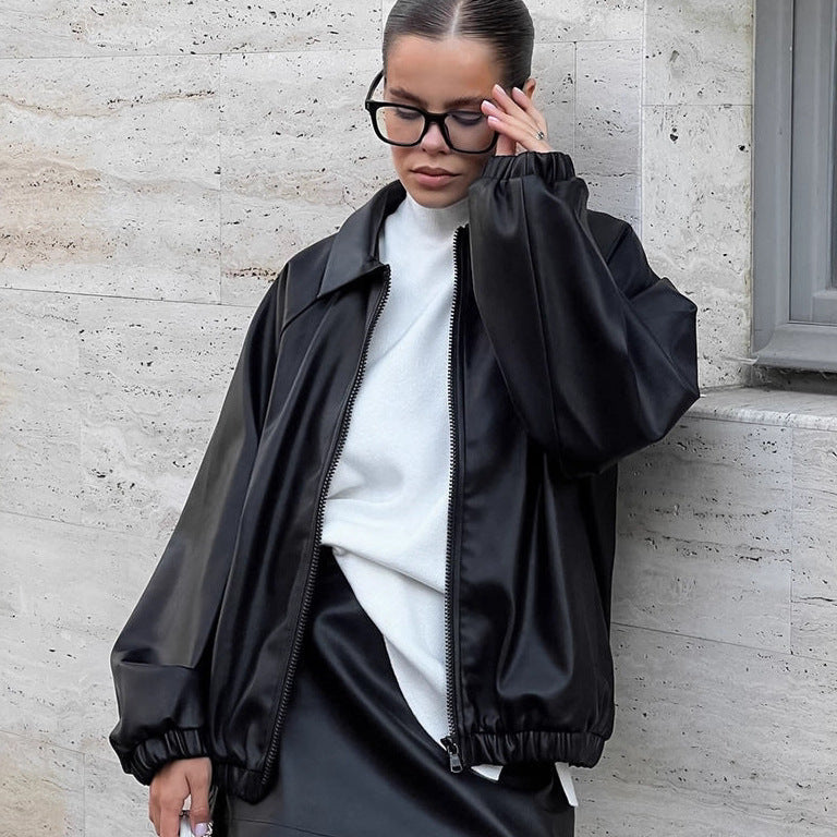 Damen modische Kunstlederjacke im lässigen Oversized-Schnitt R&B