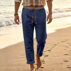 Herren nan maritime Leinen-Loungehose mit dekorativem Ethno-Bund, elastischem Tunnelzug und geradem Bein R&B