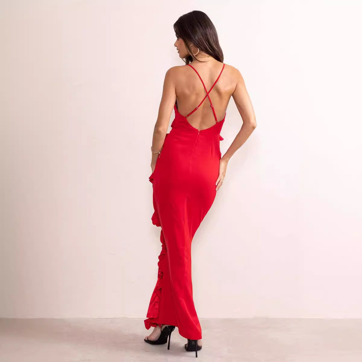 Damen Maxikleid mit voluminösen Rüschendetails und elegantem Beinschlitz R&B