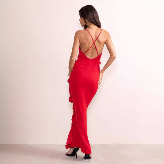 Damen Maxikleid mit voluminösen Rüschendetails und elegantem Beinschlitz R&B