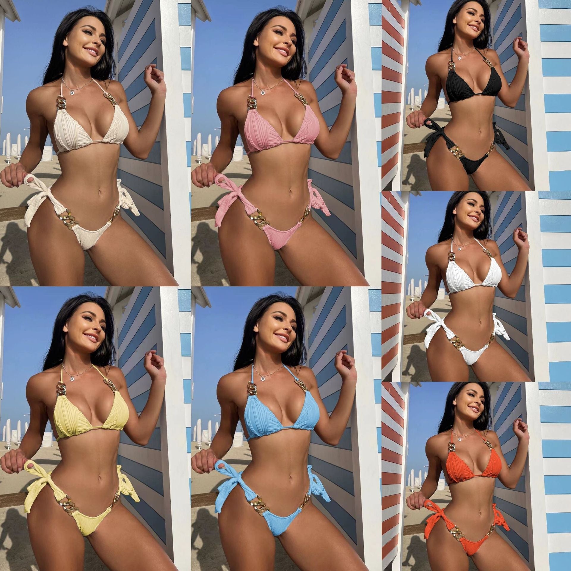 Damen Triangel-Bikini mit plissierten Details und goldenen Akzenten R&B
