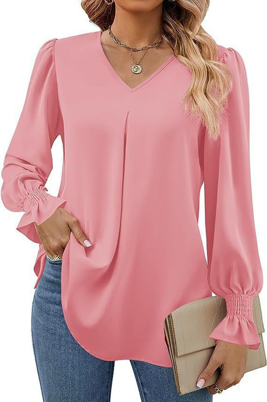 Damen fließende V-Ausschnitt Bluse mit eleganten Puffärmeln R&B