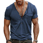 Herren Kurzarm-Henley-T-Shirt mit dekorativer Brusttasche und modernem Schnitt R&B