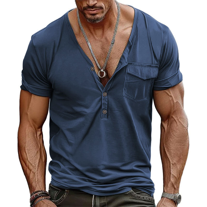 Herren Kurzarm-Henley-T-Shirt mit dekorativer Brusttasche und modernem Schnitt R&B
