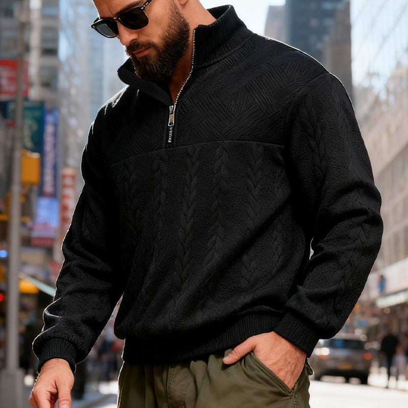 Herren nan strukturiertes Halfzip-Strickpullover mit Zopfmuster und hohem Stehkragen R&B