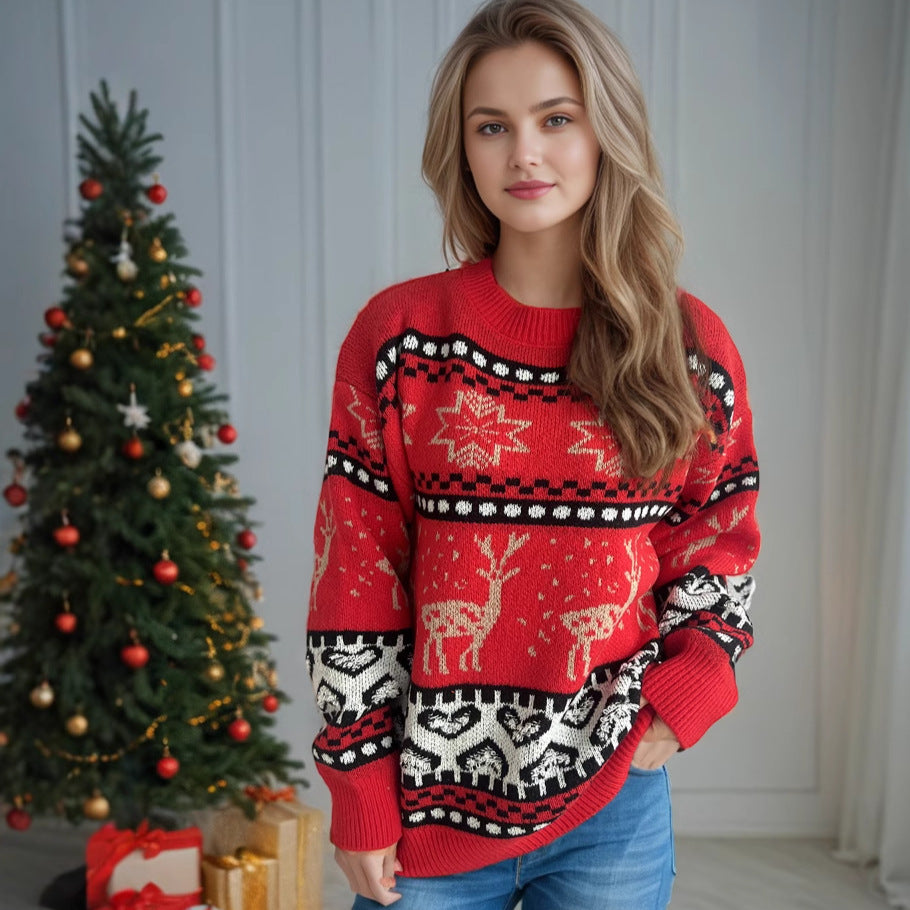 Damen festlicher Strickpullover mit weihnachtlichem Rentier-Motiv und detailreicher Musterung R&B