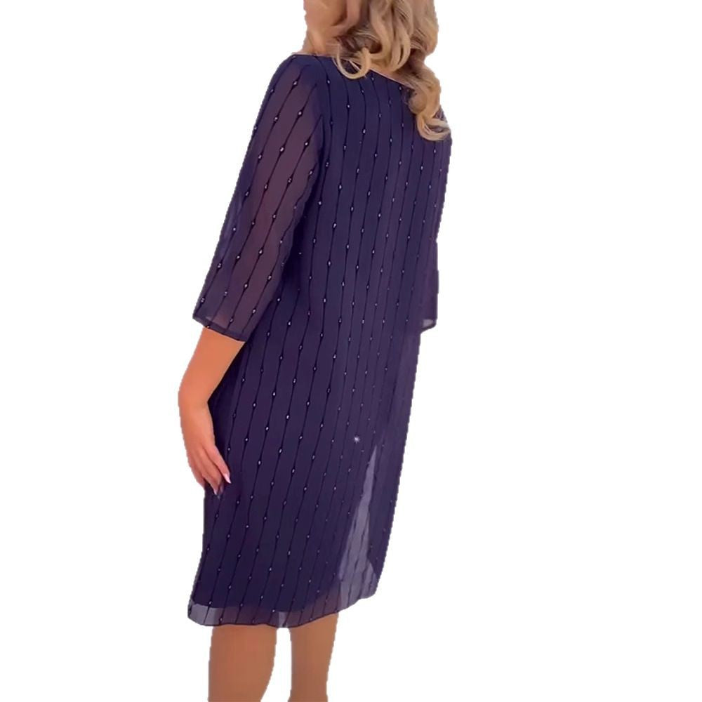 Damen nan elegantes Chiffon-Midikleid mit vertikaler Pailletten- und Perlenapplikation sowie transparenten Dreiviertelärmeln R&B