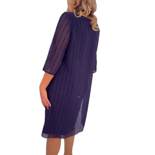 Damen nan elegantes Chiffon-Midikleid mit vertikaler Pailletten- und Perlenapplikation sowie transparenten Dreiviertelärmeln R&B
