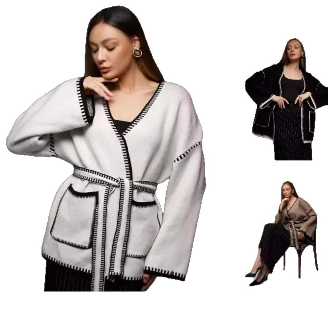 Damen Strickjacke mit Bändern und großen Taschen R&B