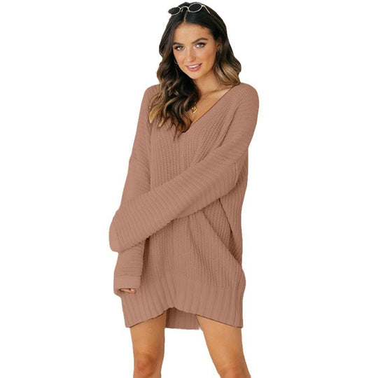 Damen Grobstrick Pulloverkleid mit V-Ausschnitt und lässigem Schnitt R&B