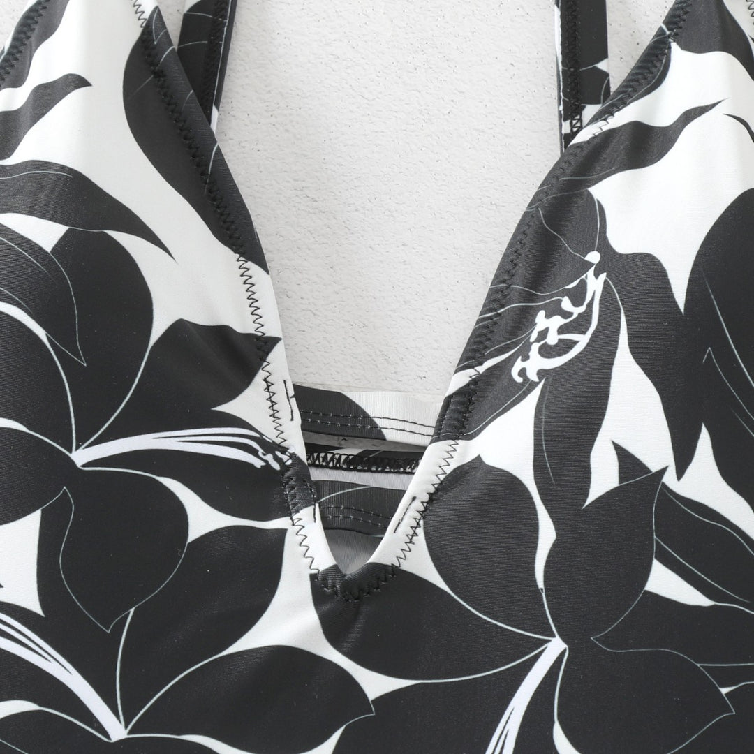 Damen Einteiler Badeanzug mit elegantem floralem Design und modernem V-Ausschnitt R&B