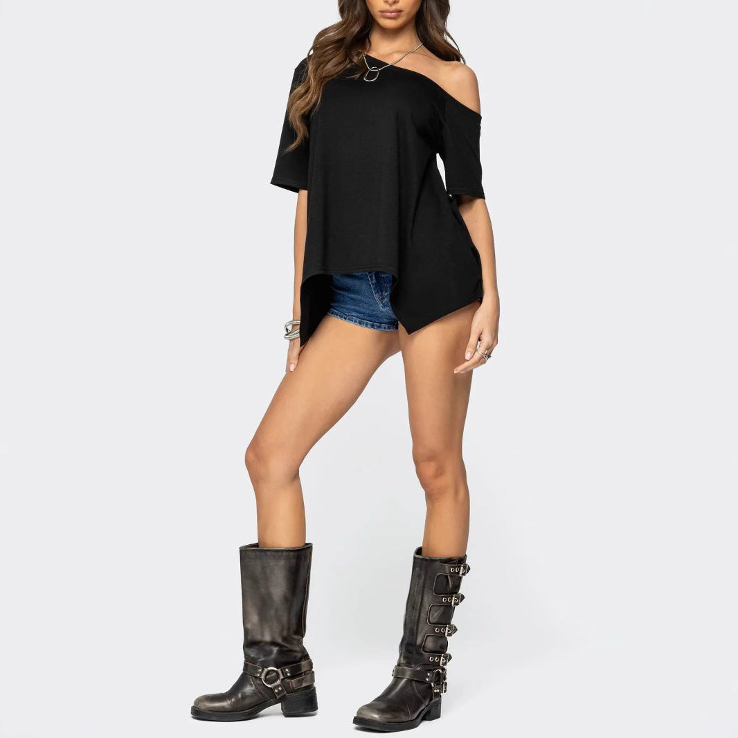 Damen Weit geschnittenes Off-Shoulder T-Shirt R&B