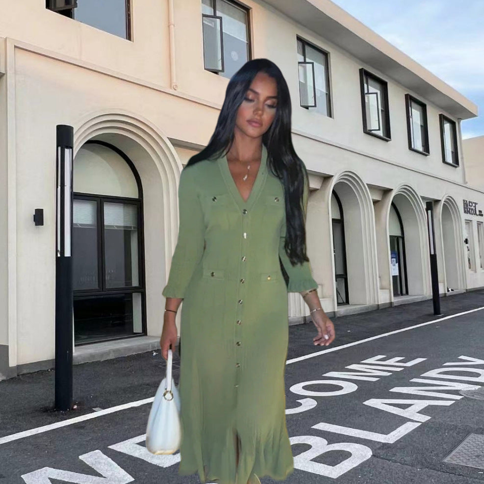 Damen Strickmaxikleid mit Knopfleiste und modischem V-Ausschnitt R&B