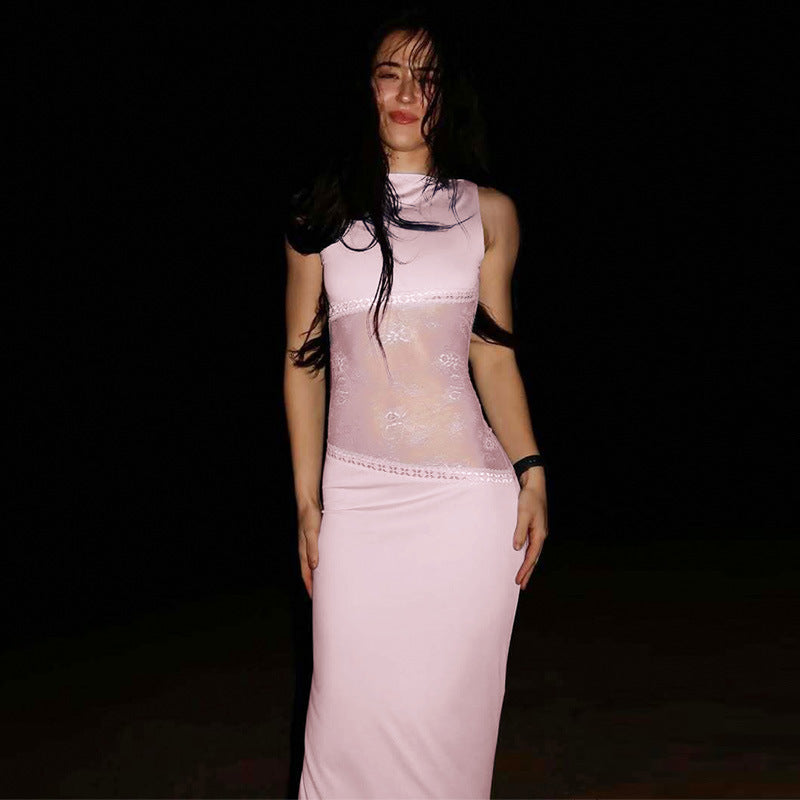 Damen Langes Abendkleid mit transparentem Spitzen-Overlay und figurbetonter Passform R&B