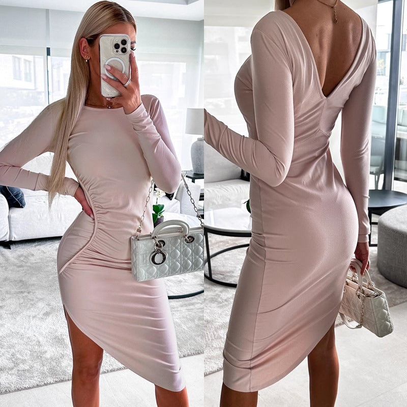 Damen figurbetontes Langarmkleid mit asymmetrischem Schnitt und Raffungen R&B