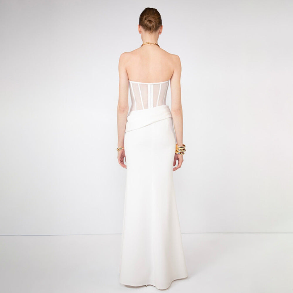 Damen Corsage-Langarmkleid mit elegantem Schnitt und fließendem Rock R&B