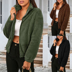 Damen Kuschelige Kurzjacke aus Plüsch mit hohem Kragen und seitlichen Taschen R&B