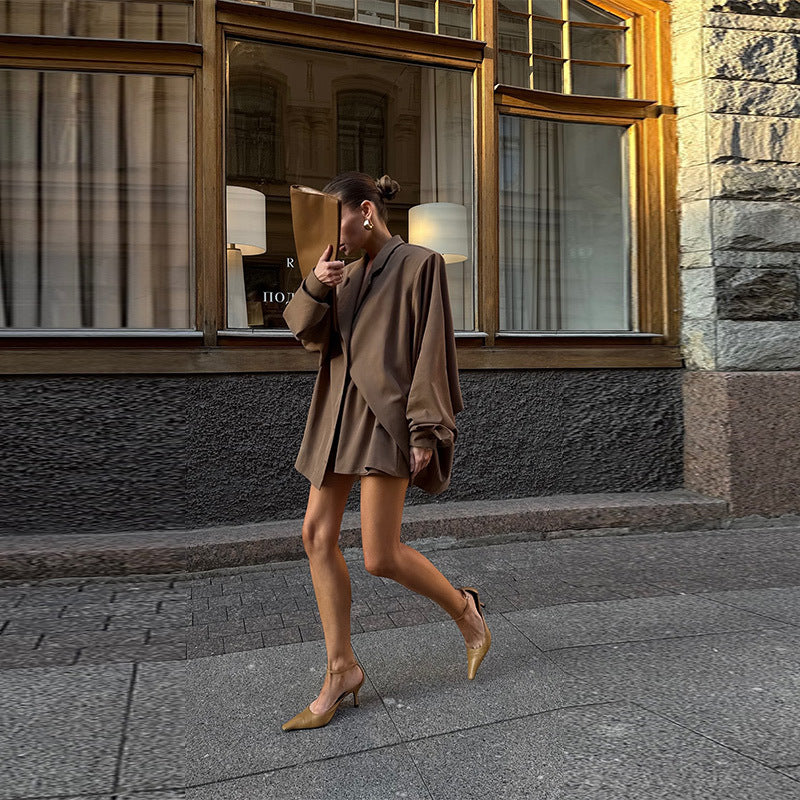 Damen Oversized Blazer-Kleid mit Seitentaschen und Gürtel R&B