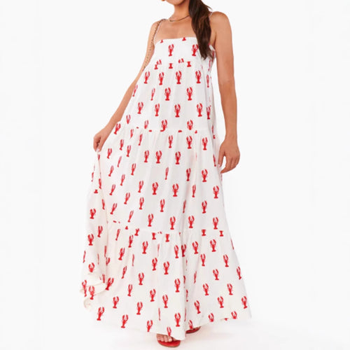 Damen nan trägerloses Bandeau-Maxikleid mit gestuftem Volantrock und maritimem Hummer-Motiv R&B
