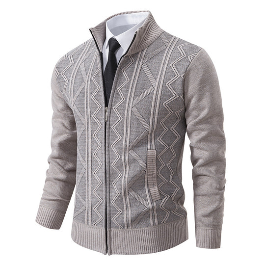Herren elegante Strickjacke mit strukturiertem Zopfmuster und hohem Kragen R&B