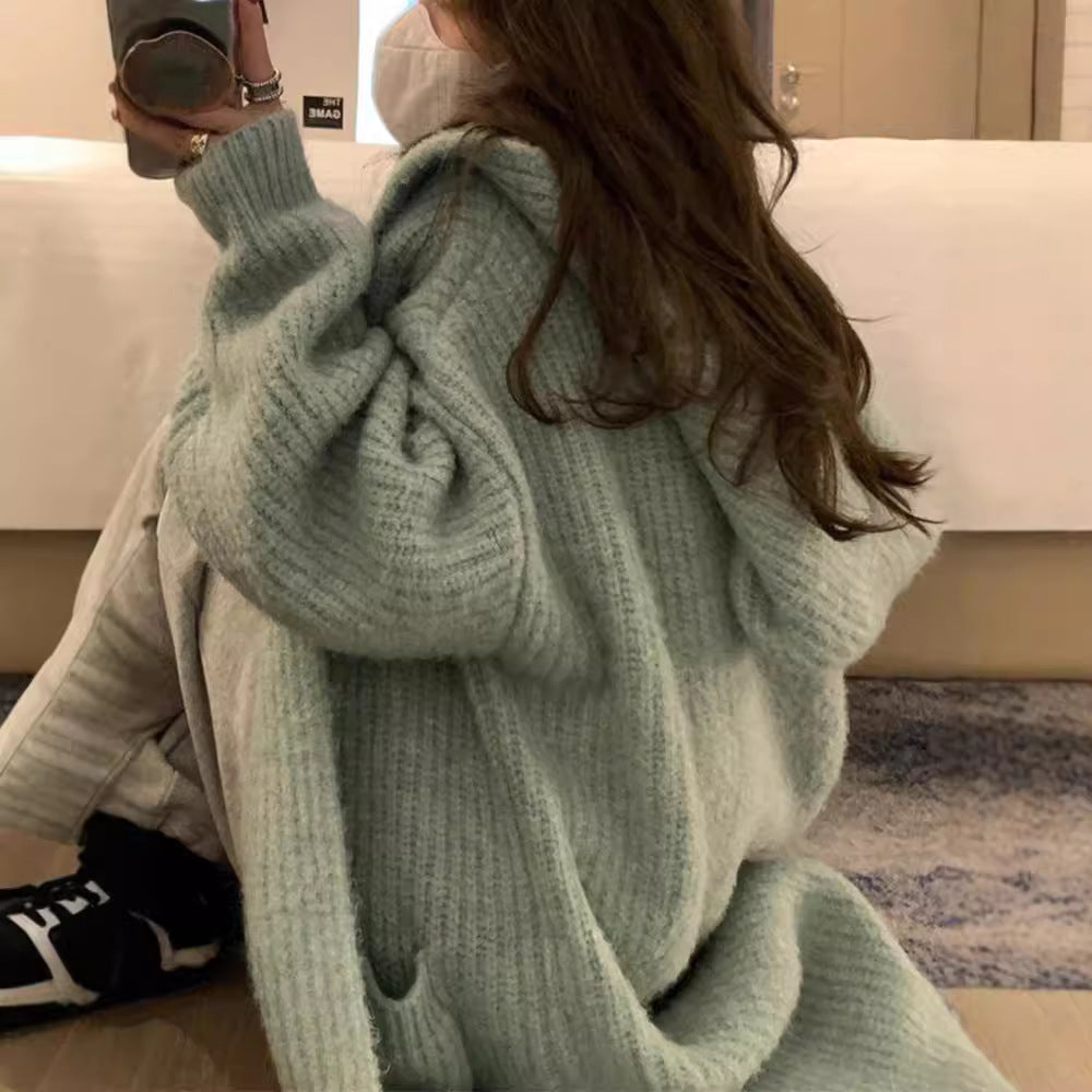 Damen Langer Strickcardigan mit tiefem V-Ausschnitt und Taschen