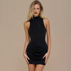 Damen schickes Minikleid mit hochgeschlossenem Ausschnitt und raffinierten Drapierungen R&B