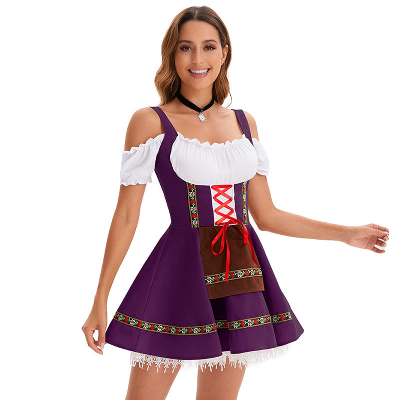 Damen nan kurzes Trachtenkleid im Dirndlstil mit Schnürung, schulterfreiem Carmen-Ausschnitt und Zierschürze R&B
